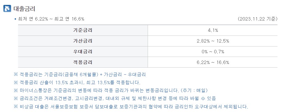 제주은행 비상금대출 금리표