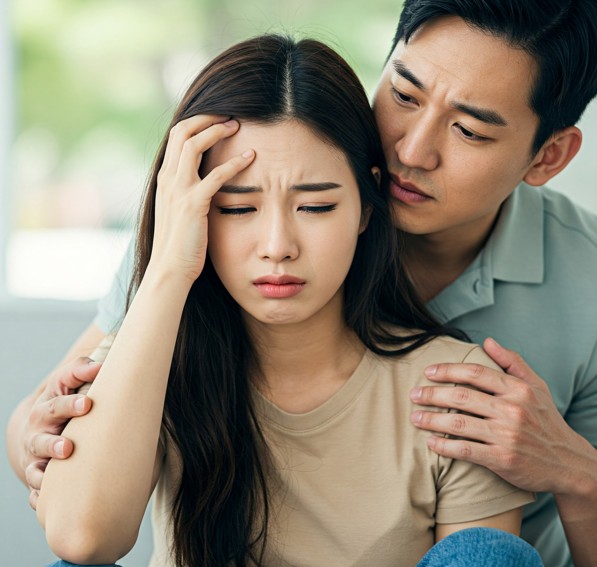 대출이자 연체를 걱정하는 여성과 위로하는 남성