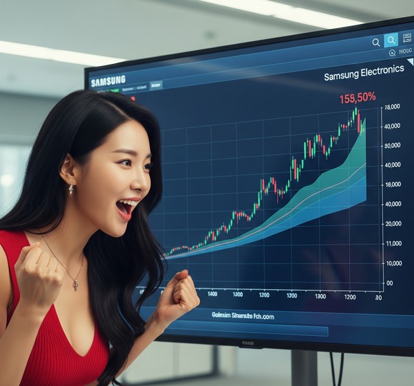 삼성전자 주가차트를 보면서 환호하는 한국의 미인