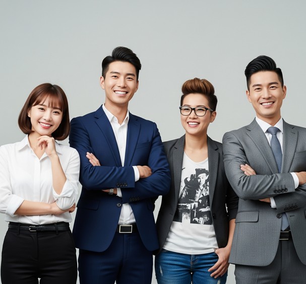 네사람이 서서 웃고 있는 장면,한국의 미남 미녀