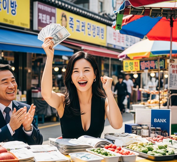 시장에서 사업하는 여자 사장님이 대출이 성사되어서 환호하는 모습으로 손에는 현금을 들고 있어