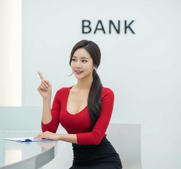 은행 간판아래서 손가락을 들고 설명중인 아름다운 여성