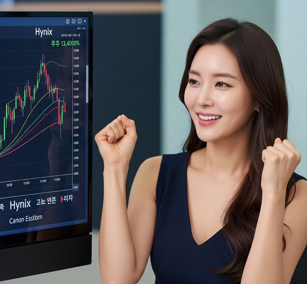 하이닉스 투자자가 차트를 보면서 좋아하는 모습 미인 여성