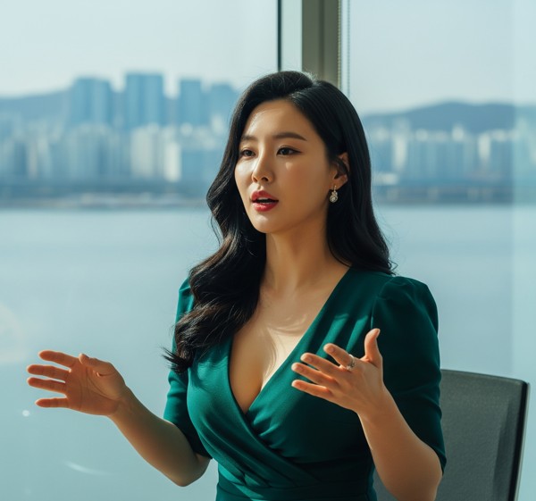 한강이 보이는 사무실에서 뭔가를 설명중인 여성