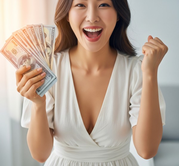 햇살론유스 대출금을 들고 환호하는 여성
