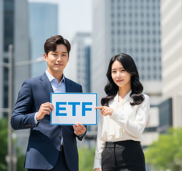 etf팻말을 들고 있는 남성과 그것을 가리키는 여성
