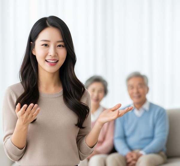 irp계좌에 대해서 설명하는 한국미녀,뒤에는 노년의 부부가 소파에 앉아 있어
