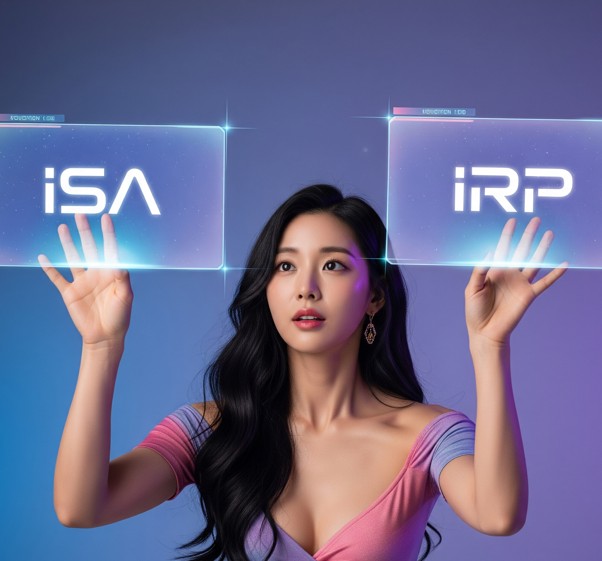 isa계좌와 irp계좌가 적힌 홀로그램 영상을 보고 있는 한국 미녀