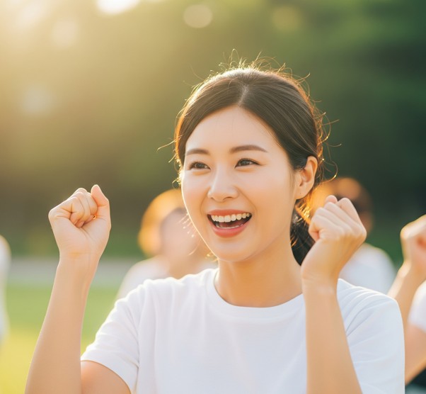 환하게 웃으면서 화이팅을 외치는 한국의 미인