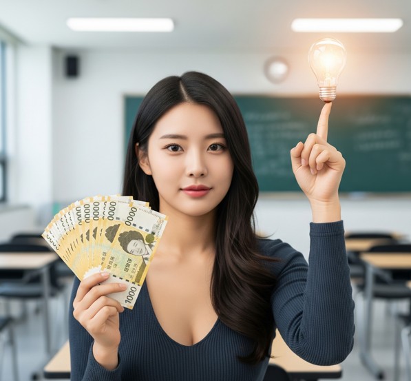 현금을 들고 무서류당일대출 주의사항을 알려주는 여성,한국의 미인