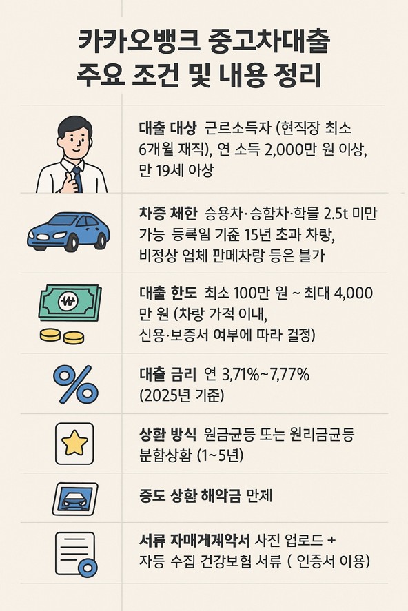 카카오뱅크 중고차대출 구입자금 주오 조건 및 내용정리 인포그래픽