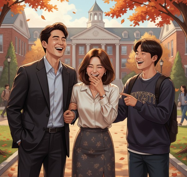 대학교에서 웃는 가족
