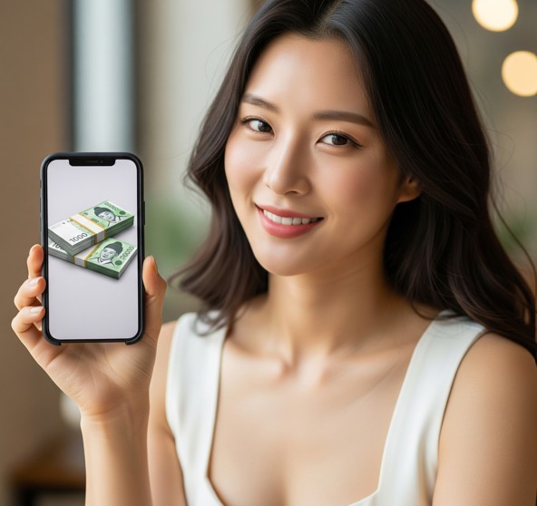 대출정보가 있는 휴대폰을 보여주는 여성,햇살론뱅크 정보