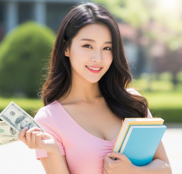 햇살론 유스 보증료에 대해서 설명하는 여성,현금을 들고 있는 대학생