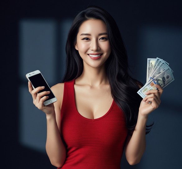 돈과 휴대폰을 들고 웃는 여성