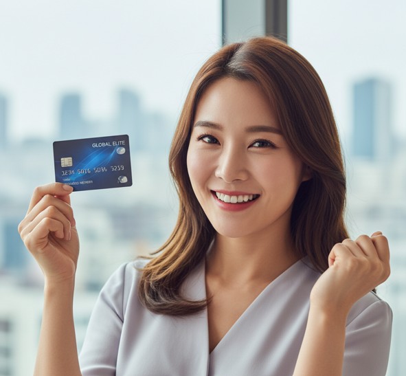 신용카드를 손에 들고 활짝 웃는 여성