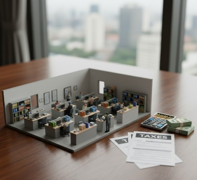 세무서 미니어쳐와 현금 및 계산기