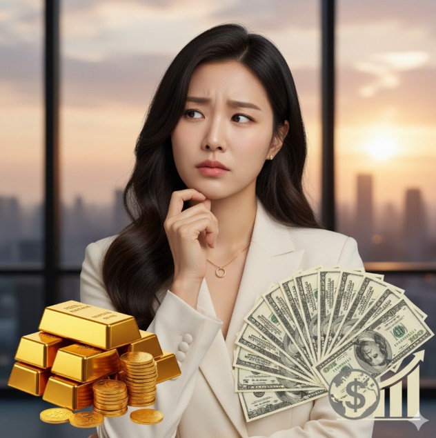 금 투자와 달러 투자를 사이에 고민하는 여성