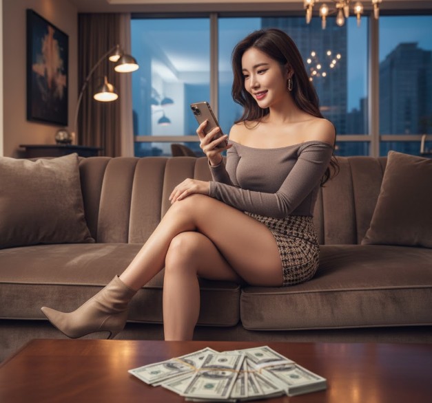 휴대폰을 보면서 웃는 여성