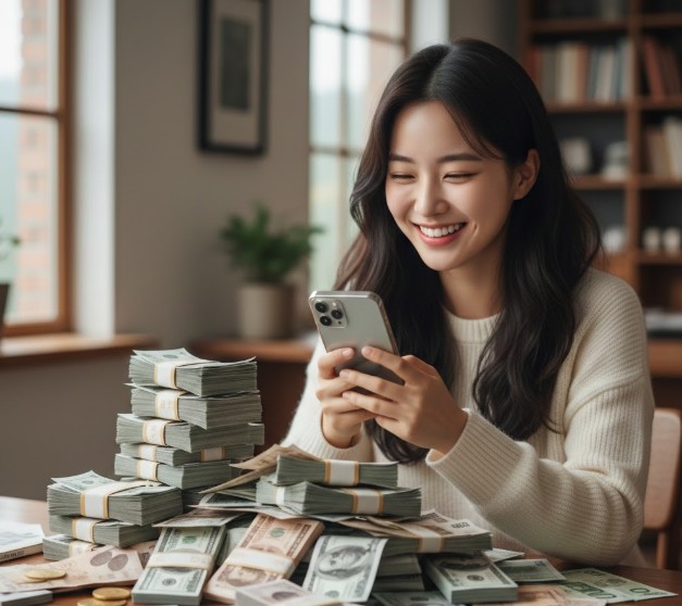 생활비 관리 앱을 만지는 여성과 현금다발