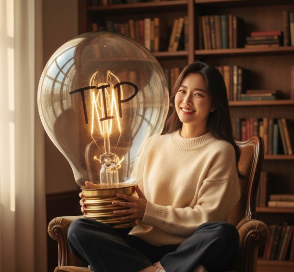 큰 전구를 들고 웃는 여성