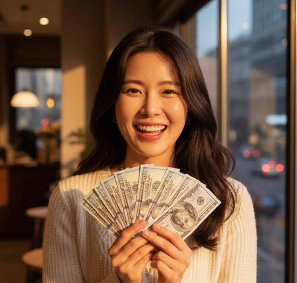 손에 달러 현금을 들고 웃는 여성