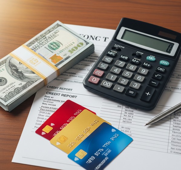 책상위에 신용카드 현금 전자계산기