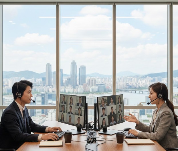 사무실에서 남녀가 헤드셋을 끼고 햇살론15 상품에 대해서 토의하는 모습