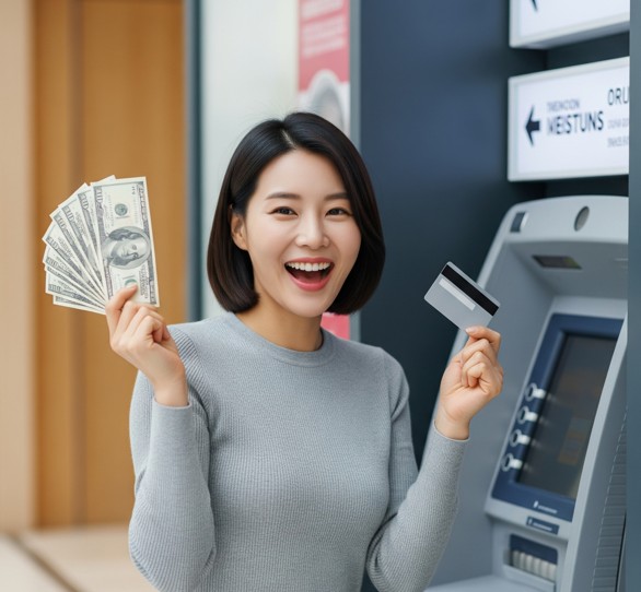 atm기기 앞에서 현금서비스 받는 여성